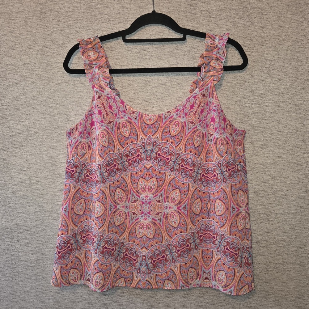 Rose + Olive Paisley Tank Blouse Women's Medium Sleeveless Top Pink Ruffle Strap